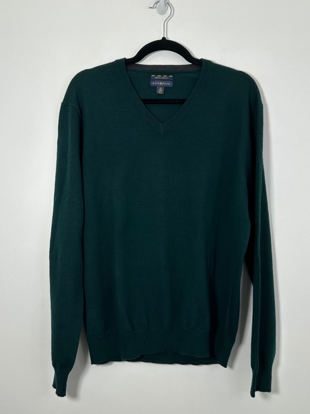 Club Room Mens Medium Green V Neck Sweater 100% Merino Wool Used